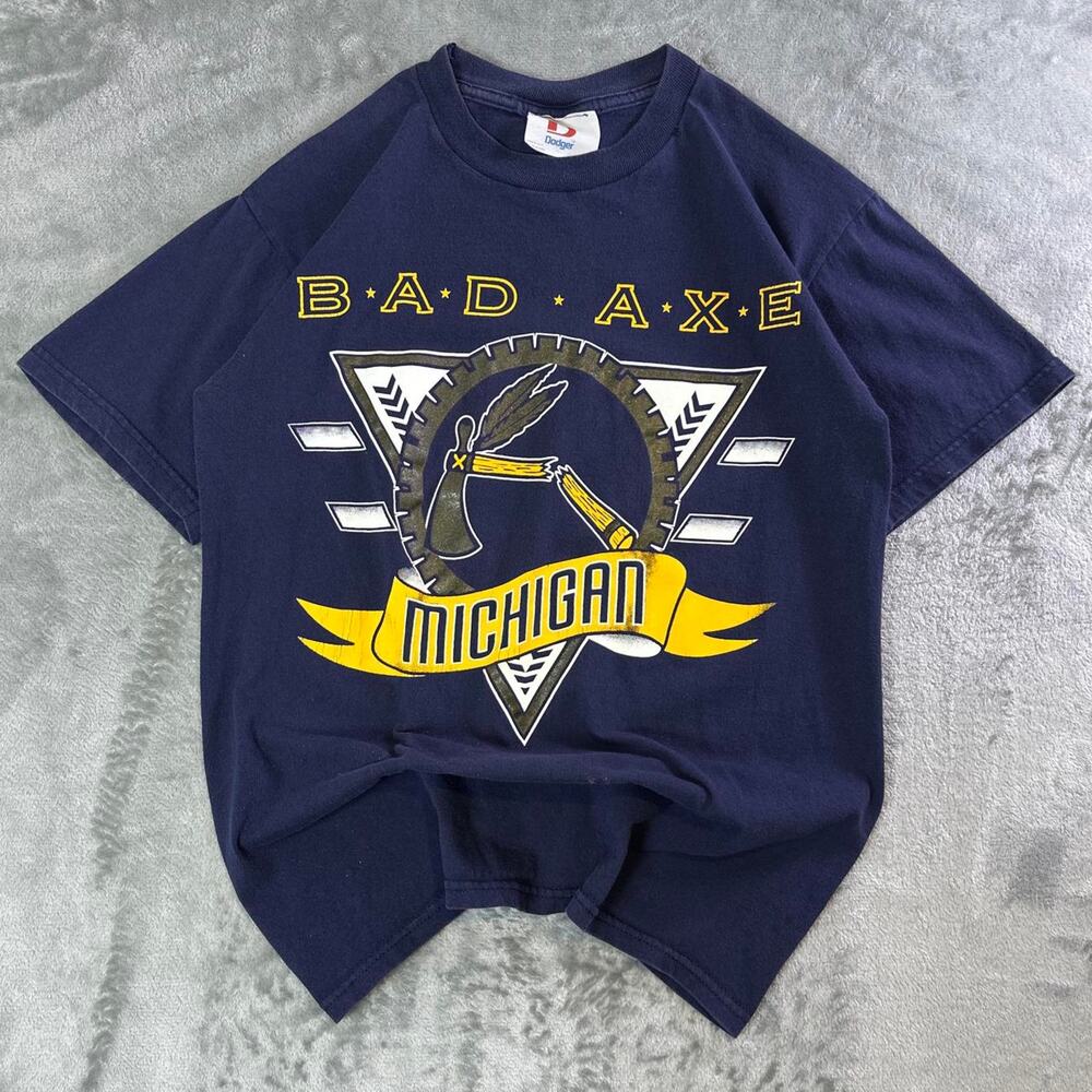 Vintage Distressed Michigan Bad Axe Graphic T Shirt Men’s S USA Made Navy Tee